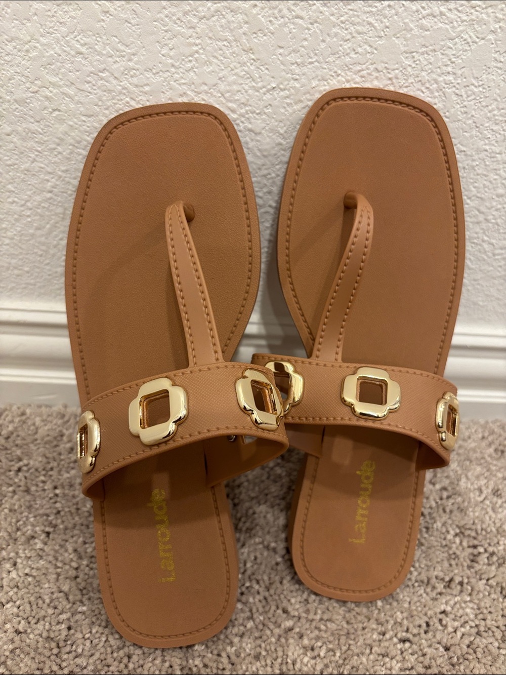 Larroude Tan Slide Sandals with Gold Buckle Detail - Picture 7 of 7